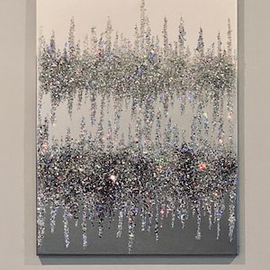 Handcrafted, Original, Luxury Bling Painting, Glitter Painting on Canvas, Wall Art, Glass, Glitter, Silver Colors