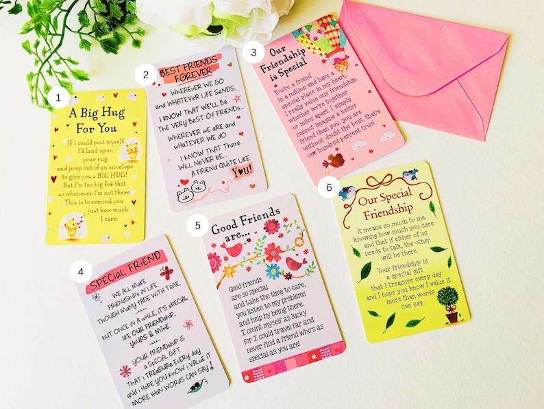 May include: A collection of friendship greeting cards with various designs and messages. The cards feature colorful illustrations, including hearts, birds, and floral patterns. Text on the cards includes phrases like "Best Friends Forever" and "Our Special Friendship."