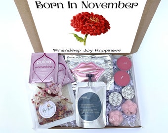 Caja de regalo de spa de cumpleaños de noviembre para ella, regalo de flor de nacimiento, cesta para enviar por correo.