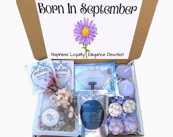 Caja de regalo de spa para mamá por su cumpleaños en septiembre, regalo con la flor de nacimiento, cesta de mimos.