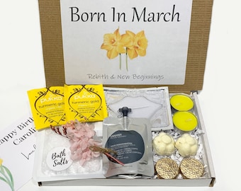 Caja de regalo de cumpleaños de marzo para ella: Set de spa con forma de flor de nacimiento.