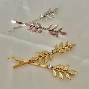 Rhinestone Leaf Bobby Pin Set: Gold or Silver