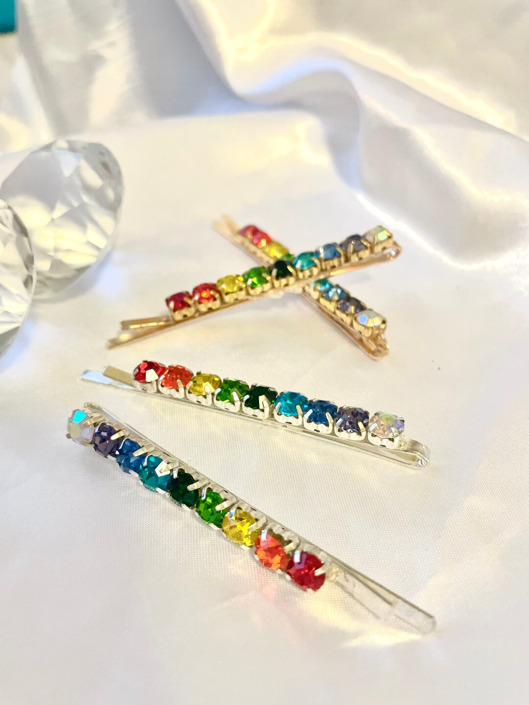 Rainbow rhinestone hair pin set