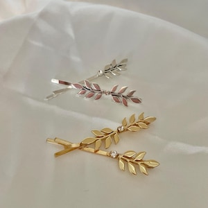 Gold or Silver Leaf Bobby Pin Set with Rhinestones – Elegant Hair Pins for Brides, Bridesmaids, Prom & Formal Hairstyles