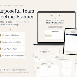 Puede incluir: Un kit digital Purposeful Team Meeting Planner mostrado en una pantalla de portátil y tableta, con páginas impresas que muestran secciones para agendas, logros, reconocimiento, discusiones, decisiones y un seguimiento de acciones.