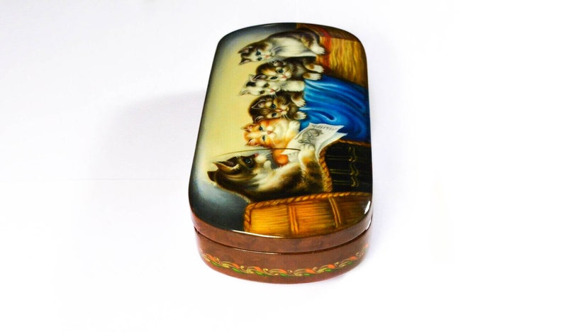 Christmas Gift Hand painted Box Russian Lacquer box Cat lesson Handcrafted wedding gift Handmade Souvenir box.