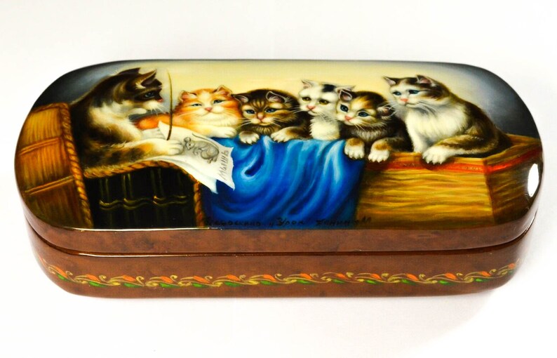 Christmas Gift Hand painted Box Russian Lacquer box Cat lesson Handcrafted wedding gift Handmade Souvenir box.