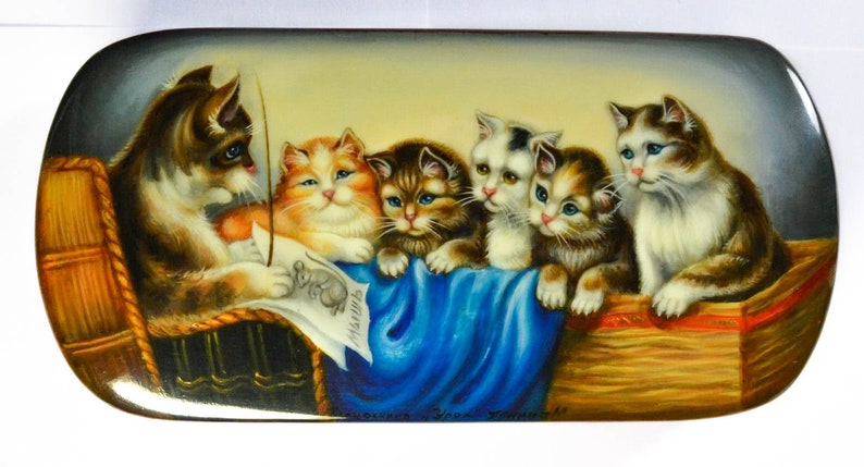 Christmas Gift Hand painted Box Russian Lacquer box Cat lesson Handcrafted wedding gift Handmade Souvenir box.