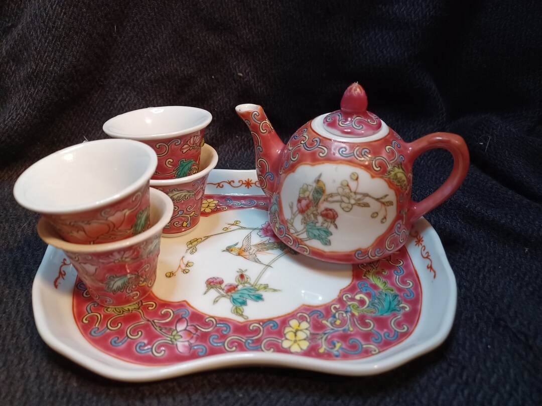 Tiny Tea Set With Tray, Teapot, and 4 Cups Peacock and Flower Design Etsy