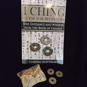 I Ching Divination Set ~ I Ching Guide for Beginners Book, 3 I Ching Coins, and Silk Purse
