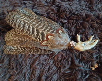 Peahen Feather Smudge Fan with Chicken Foot