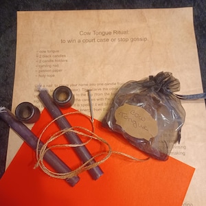 May include: A cow tongue ritual kit for winning a court case or stopping gossip. The kit includes two black candles, two candle holders, a carving nail, petition paper, holy rope, and a small bag containing dried cow tongue.