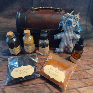 Hoodoo Voodoo Doll Apothecary Box ~ A selection of rare items, one-of-a-kind voodoo doll & pin, in a beautiful wooden box.