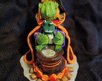 Ceramic Witch Backflow Incense Burner with Frog and Cauldron ~ 5 Backflow Incense Cones Included