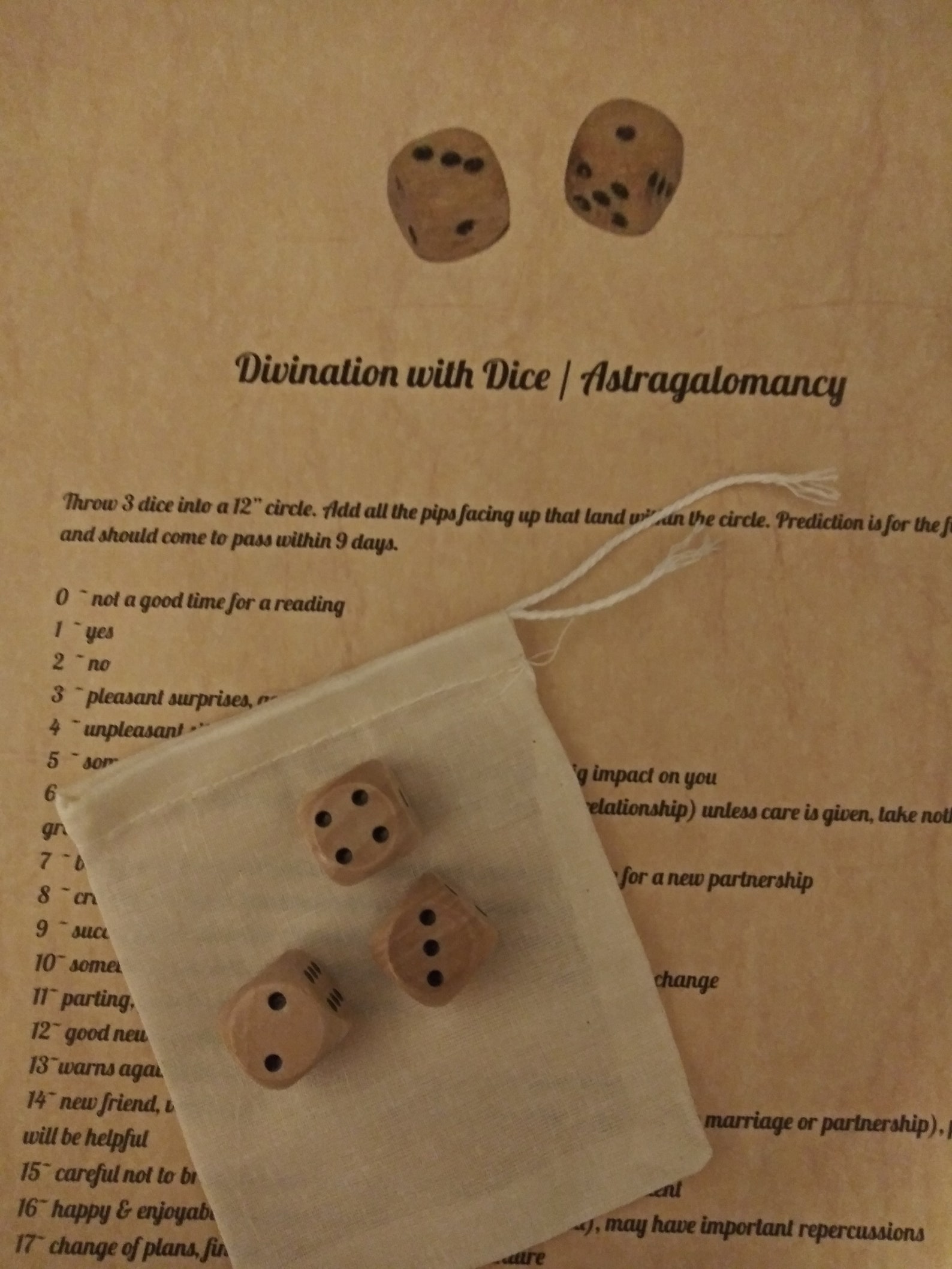 Dice Divination Set With 3 Wooden Dice, Muslin Drawstring Bag, and ...