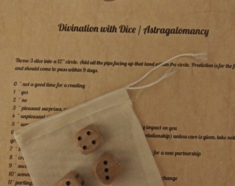 Dice Divination Set with 3 Wooden Dice, Muslin Drawstring Bag, and Instructions