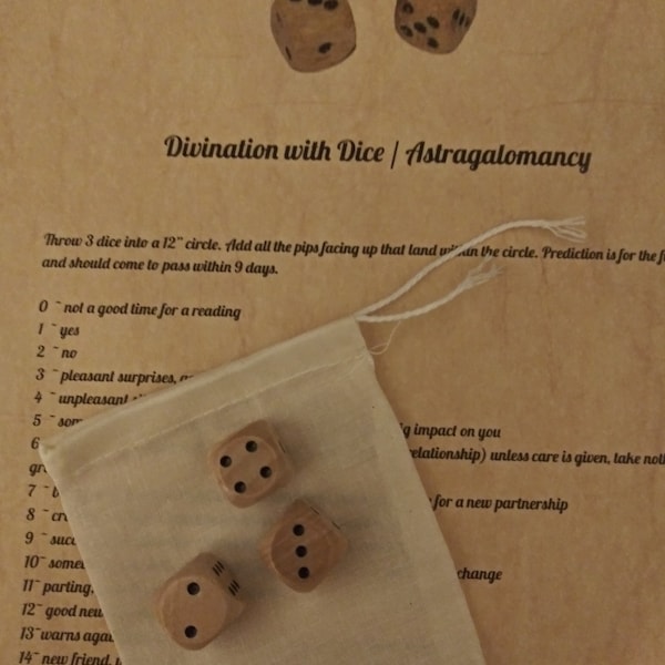 Dice Divination Set with 3 Wooden Dice, Muslin Drawstring Bag, and Instructions