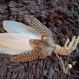 White Goose and Pheasant Feather Smudge Fan with Chicken Foot