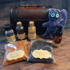 Hoodoo Voodoo Doll Apothecary Box ~ A selection of rare items, one-of-a-kind voodoo doll & pin, in a beautiful wooden box.