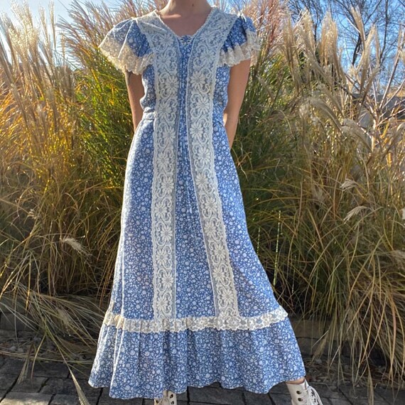 blue calico floral prairie dress