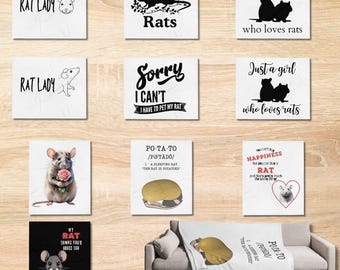 Puede incluir: Una colección de 10 mantas diferentes con varios diseños con temática de ratas. Los diseños incluyen texto como "Rat Lady", "Just a guy who loves rats", "Po-ta-to" y "My Rat thinks you're boss too".
