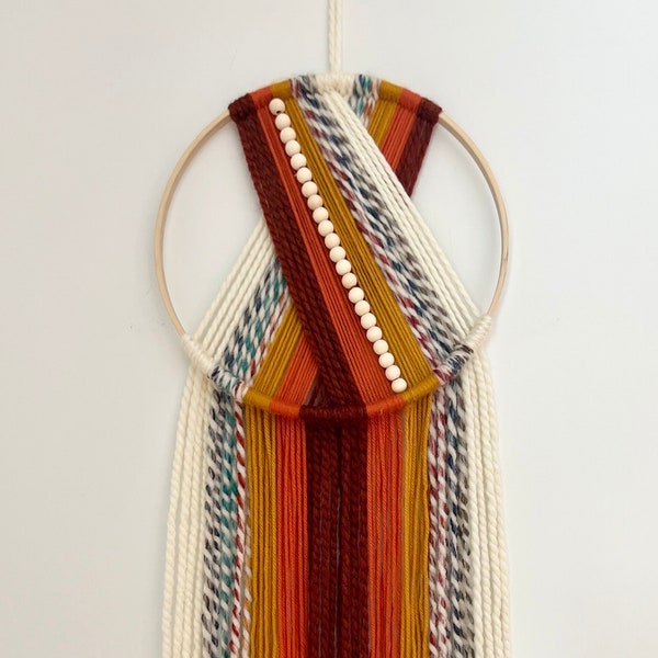 Beaded Macrame Yarn Hoop Wall Hanging- Burgundy, Orange, Yellow, and Beige