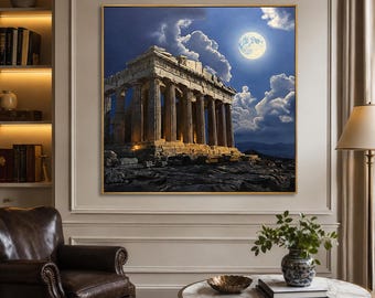Dipinto ad olio originale del Partenone, luna e cielo notturno / Architettura greca, grande tela 40x40 / Decorazione antica Grecia / Fatto a mano