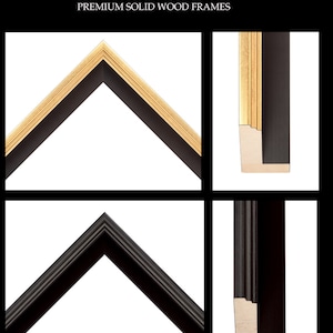 May include: Thin black and gold wood picture frames with a bevelled edge. The frames are shown in a corner view and a side view.  "THIN FLOATER FRAMES" and "PREMIUM SOLID WOOD FRAMES" are written in white text on a black background.