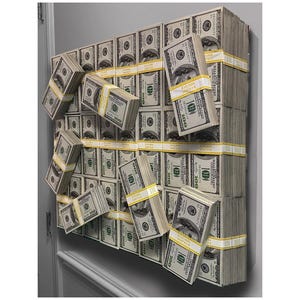 May include: A wall of $100 bills, with stacks of cash secured by yellow bands. Some stacks are arranged on the wall, while others appear to be falling. The bills are marked with the text "$10,000".