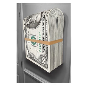 May include: A large roll of US $100 bills secured with a brown rubber band. The bills are arranged in a vertical stack with the top bill facing outward. The bill features a portrait of Benjamin Franklin and the words "United States of America" and "One Hundred Dollars".