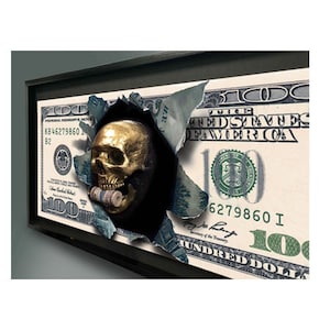 Get Rich or Die Trying Skull Sculpture Hand Painted with custom Skull Frame