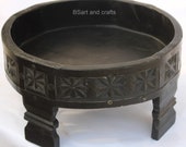 Rajasthani Hand Carved Chakki table, Coffee Table, Vintage Indian Grinder Table with black