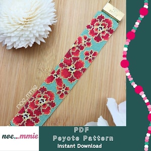 May include: A beaded Peyote pattern bracelet with red floral designs on a turquoise background. The bracelet has a gold clasp and the text "PDF Peyote Pattern Instant Download". The bracelet is on a wooden surface.