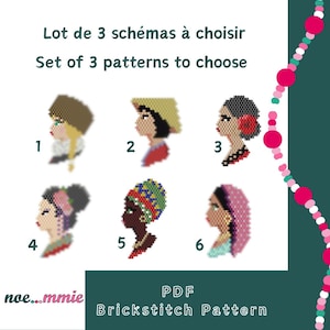 May include: Set of six beading patterns for brick stitch embroidery. The patterns feature different women with various hairstyles and headwear. The patterns are numbered 1 through 6. The text "Lot de 3 schémas à choisir" and "Set of 3 patterns to choose" is visible at the top of the image. The text "noe...mmie" and "PDF Brickstitch Pattern" is visible at the bottom of the image.