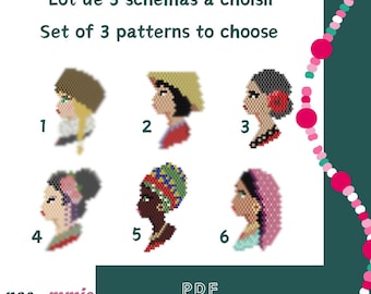 Set of 3 "Women of the World" Profile Patterns in Miyuki Beads to Choose - Digital PDF Brickstitch Weaving Pattern - DIY