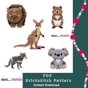 May include: A PDF brickstitch pattern with pixelated images of Australian animals: a wombat, kangaroo, quokka, koala, and Tasmanian devil. The text "noe...mmie" appears twice, and the words "Brickstitch Pattern" and "Instant Download" are also visible.