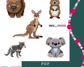 Australische dierenpatronen in Miyuki-kralen - Digitaal PDF-patroon voor het weven van stenen - DIY Koala Kangoeroe, Wombat, Quokka, Tasmaanse Duivel
