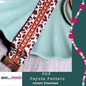 May include: A beaded bracelet with a geometric pattern in white, burgundy, orange, and tan. The bracelet has a gold-colored clasp. The image also includes text that says "PDF Peyote Pattern Instant Download".