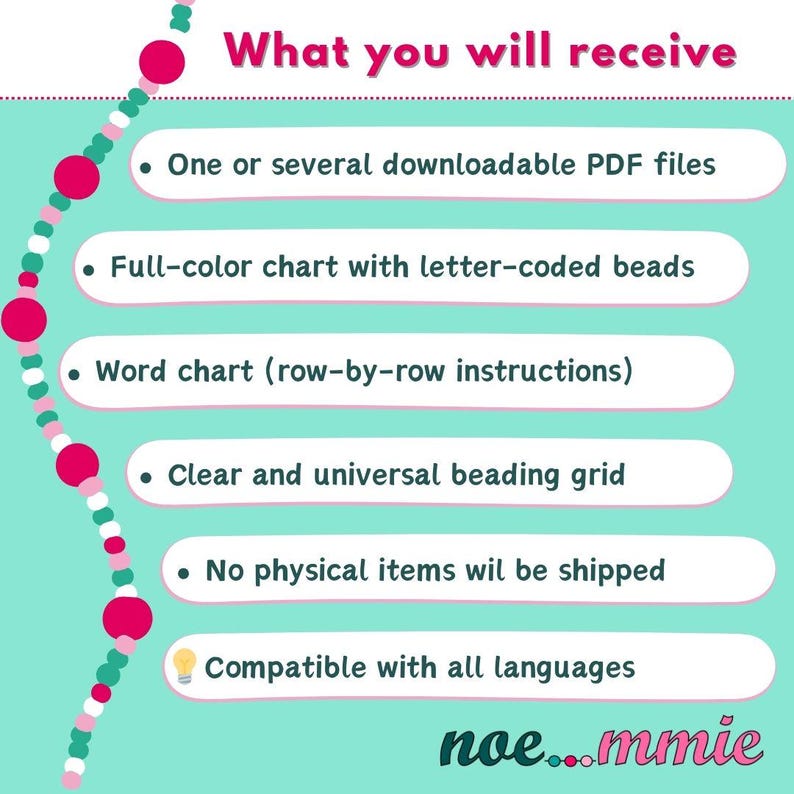 May include: A teal graphic with the text "What you will receive" and bullet points listing downloadable PDF files, a full-colour chart, word chart instructions, a beading grid, and compatibility with all languages. The image also states that no physical items will be shipped.