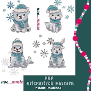 Peut inclure: Un patron de point de brique PDF numérique présentant quatre motifs d'animaux d'hiver : un ours polaire, un renard, un phoque et un lapin, tous portant des chapeaux et des écharpes turquoise. L'image comprend des flocons de neige et le texte "noe...mmie" et "Brickstitch Pattern Instant Download."