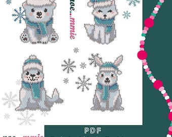 IJzige kerstdiermotieven in Miyuki-kralen - Digitaal PDF-patroon voor weefsteken met baksteensteek - DIY: ijsbeer, zeehond, konijn, poolvos