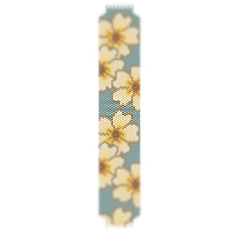May include: A beaded floral pattern in yellow and brown against a teal background. The design features a repeating pattern of flowers, creating a decorative look. The beaded design is likely for a bracelet or other jewellery.