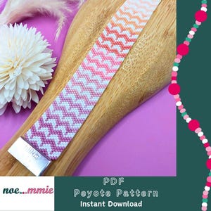May include: A beaded bracelet with a zig-zag pattern in shades of pink, white, and orange. The bracelet has a silver clasp and the text "noe...mmie" is visible. The image also includes the text "PDF Peyote Pattern Instant Download".