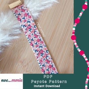 Peut inclure: Un bracelet en perles rose, bleu et blanc avec un motif floral. Le bracelet est réalisé en point de peyote et est disponible en téléchargement PDF.