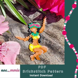 May include: A brickstitch pattern of a hula dancer in yellow, orange, green, and black beads. The dancer wears a floral headdress and a yellow skirt. The image includes the text "PDF Brickstitch Pattern Instant Download" and the seller's name.