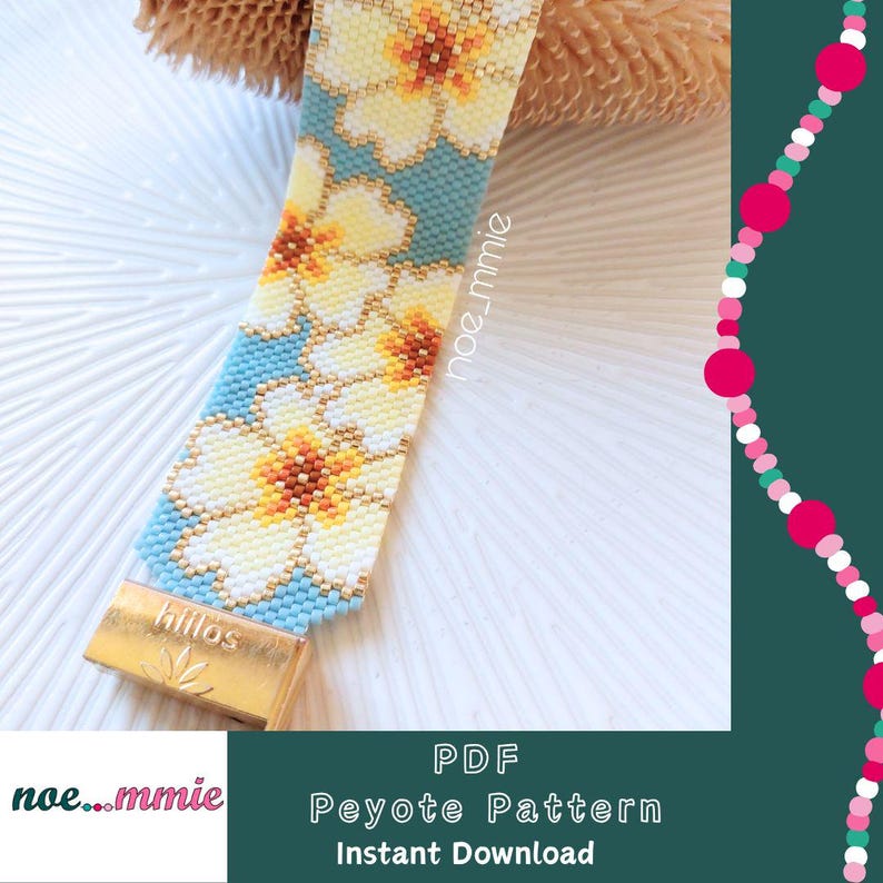 May include: A beaded bracelet with a floral design. The bracelet features yellow and orange flowers on a light blue background. The clasp is gold-coloured and has the word "hillos" engraved on it. The text "PDF Peyote Pattern Instant Download" is also visible.