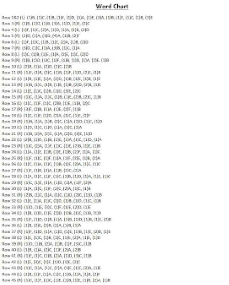 May include: A white Word Chart with black text, listing rows of words and numbers. The title "Word Chart" is at the top. The chart is a list of words and numbers, likely for a language or vocabulary exercise.