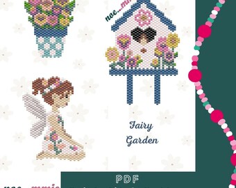 Lentefeeënmotieven, vogelhuisje en bloempot in Miyuki-kralen - Digitaal PDF-patroon voor baksteensteekweven - Doe-het-zelfproject voor de lente