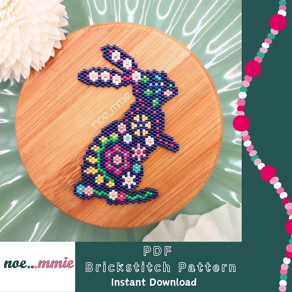 Folk Flower Rabbit Motif in Miyuki Beads - Digital PDF Pattern for Peyote or Brick Stitch Weaving – Easter DIY