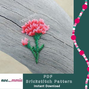 Puede incluir: Una flor de cuentas con pétalos rosas y rojos, tallo y hojas verdes, y un capullo más pequeño. La flor está hecha con un patrón de puntada de ladrillo. La imagen también incluye el texto "PDF Brickstitch Pattern Instant Download".